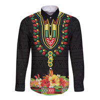 Personalized Hibiscus Mix Dashiki African Pattern Long Sleeve Button Shirt Adinkra Symbol - Wonder Print Shop
