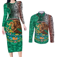 Personalised Viva La Mexico Couples Matching Long Sleeve Bodycon Dress and Long Sleeve Button Shirt Coat Of Arms Aztec Mix Otomi Patterns - Wonder Print Shop