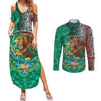 Personalised Viva La Mexico Couples Matching Summer Maxi Dress and Long Sleeve Button Shirt Coat Of Arms Aztec Mix Otomi Patterns - Wonder Print Shop