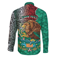 Personalised Viva La Mexico Family Matching Off The Shoulder Long Sleeve Dress and Hawaiian Shirt Coat Of Arms Aztec Mix Otomi Patterns - Wonder Print Shop