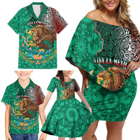 Personalised Viva La Mexico Family Matching Off Shoulder Short Dress and Hawaiian Shirt Coat Of Arms Aztec Mix Otomi Patterns - Wonder Print Shop