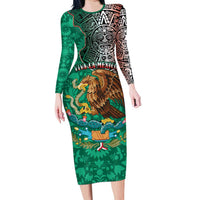 Personalised Viva La Mexico Long Sleeve Bodycon Dress Coat Of Arms Aztec Mix Otomi Patterns - Wonder Print Shop