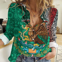 Personalised Viva La Mexico Women Casual Shirt Coat Of Arms Aztec Mix Otomi Patterns - Wonder Print Shop