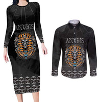 Personalized Halloween Egypt Couples Matching Long Sleeve Bodycon Dress and Long Sleeve Button Shirt Skull Anubis - Wonder Print Shop