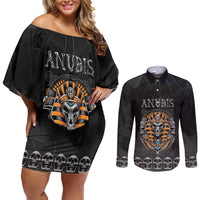 Personalized Halloween Egypt Couples Matching Off Shoulder Short Dress and Long Sleeve Button Shirt Skull Anubis - Wonder Print Shop