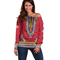 Personalized Liberia Dashiki Off Shoulder Sweater Red Color - Wonder Print Shop