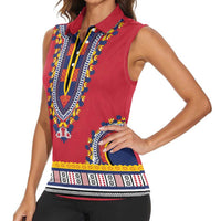Personalized Liberia Dashiki Women Sleeveless Polo Shirt Red Color - Wonder Print Shop