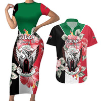 Personalised Sudan Independence Day Couples Matching Short Sleeve Bodycon Dress and Hawaiian Shirt Coat Of Arms Mix Hisbicus - Wonder Print Shop