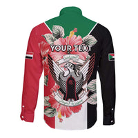 Personalised Sudan Independence Day Long Sleeve Button Shirt Coat Of Arms Mix Hisbicus - Wonder Print Shop