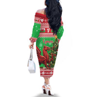 Wales Christmas Family Matching Off The Shoulder Long Sleeve Dress and Hawaiian Shirt Welsh Dragon Nadolig Llawen - Wonder Print Shop