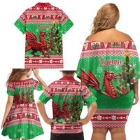Wales Christmas Family Matching Off Shoulder Short Dress and Hawaiian Shirt Welsh Dragon Nadolig Llawen - Wonder Print Shop