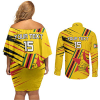 Custom Zimbabwe Football Couples Matching Off Shoulder Short Dress and Long Sleeve Button Shirt Go Warriors
