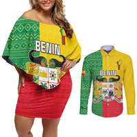 Personalised Benin Couples Matching Off Shoulder Short Dress and Long Sleeve Button Shirt Coat Of Arms Flag Style