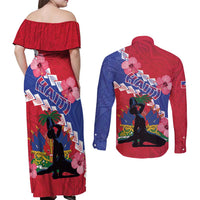 Haiti Couples Matching Off Shoulder Maxi Dress and Long Sleeve Button Shirt Neg Maron Polynesian