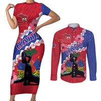 Haiti Couples Matching Short Sleeve Bodycon Dress and Long Sleeve Button Shirt Neg Maron Polynesian