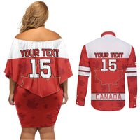 Custom Canada Ice Hockey Couples Matching Off Shoulder Short Dress and Long Sleeve Button Shirt Beaver Mascot With Champions Trophy