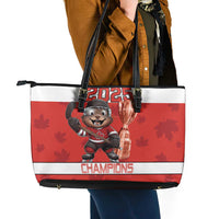 Canada Ice Hockey Leather Tote Bag Beaver Mascot With Champions Trophy