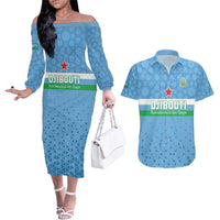 Custom Djibouti Football Couples Matching Off The Shoulder Long Sleeve Dress and Hawaiian Shirt Come On Riverains de la Mer Rouge