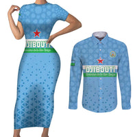 Custom Djibouti Football Couples Matching Short Sleeve Bodycon Dress and Long Sleeve Button Shirt Come On Riverains de la Mer Rouge