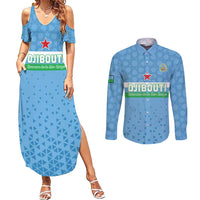 Custom Djibouti Football Couples Matching Summer Maxi Dress and Long Sleeve Button Shirt Come On Riverains de la Mer Rouge