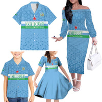 Custom Djibouti Football Family Matching Off The Shoulder Long Sleeve Dress and Hawaiian Shirt Come On Riverains de la Mer Rouge