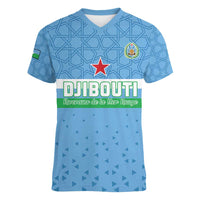 Custom Djibouti Football Women V-Neck T-Shirt Come On Riverains de la Mer Rouge