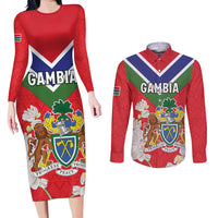 Personalized Gambia Couples Matching Long Sleeve Bodycon Dress and Long Sleeve Button Shirt Coat Of Arms White Variety Orchid