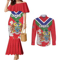 Personalized Gambia Couples Matching Mermaid Dress and Long Sleeve Button Shirt Coat Of Arms White Variety Orchid