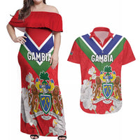 Personalized Gambia Couples Matching Off Shoulder Maxi Dress and Hawaiian Shirt Coat Of Arms White Variety Orchid