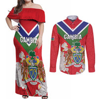 Personalized Gambia Couples Matching Off Shoulder Maxi Dress and Long Sleeve Button Shirt Coat Of Arms White Variety Orchid