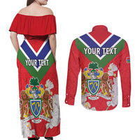Personalized Gambia Couples Matching Off Shoulder Maxi Dress and Long Sleeve Button Shirt Coat Of Arms White Variety Orchid