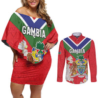 Personalized Gambia Couples Matching Off Shoulder Short Dress and Long Sleeve Button Shirt Coat Of Arms White Variety Orchid