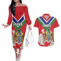 Personalized Gambia Couples Matching Off The Shoulder Long Sleeve Dress and Hawaiian Shirt Coat Of Arms White Variety Orchid