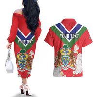 Personalized Gambia Couples Matching Off The Shoulder Long Sleeve Dress and Hawaiian Shirt Coat Of Arms White Variety Orchid