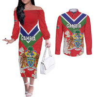 Personalized Gambia Couples Matching Off The Shoulder Long Sleeve Dress and Long Sleeve Button Shirt Coat Of Arms White Variety Orchid