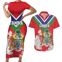 Personalized Gambia Couples Matching Short Sleeve Bodycon Dress and Hawaiian Shirt Coat Of Arms White Variety Orchid