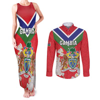 Personalized Gambia Couples Matching Tank Maxi Dress and Long Sleeve Button Shirt Coat Of Arms White Variety Orchid