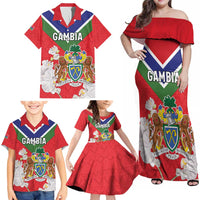 Personalized Gambia Family Matching Off Shoulder Maxi Dress and Hawaiian Shirt Coat Of Arms White Variety Orchid