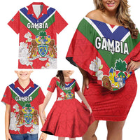 Personalized Gambia Family Matching Off Shoulder Short Dress and Hawaiian Shirt Coat Of Arms White Variety Orchid