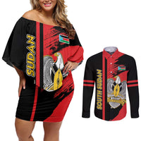 Personalized South Sudan Couples Matching Off Shoulder Short Dress and Long Sleeve Button Shirt Coat Of Arms - Sporty Style