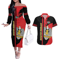 Personalized South Sudan Couples Matching Off The Shoulder Long Sleeve Dress and Hawaiian Shirt Coat Of Arms - Sporty Style