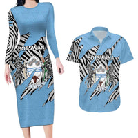Personalized Botswana Couples Matching Long Sleeve Bodycon Dress and Hawaiian Shirt Coat Of Arms With Map - African and Zebra Patterns
