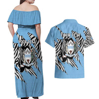Personalized Botswana Couples Matching Off Shoulder Maxi Dress and Hawaiian Shirt Coat Of Arms With Map - African and Zebra Patterns