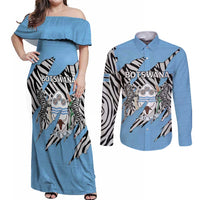 Personalized Botswana Couples Matching Off Shoulder Maxi Dress and Long Sleeve Button Shirt Coat Of Arms With Map - African and Zebra Patterns