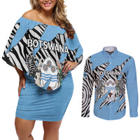 Personalized Botswana Couples Matching Off Shoulder Short Dress and Long Sleeve Button Shirt Coat Of Arms With Map - African and Zebra Patterns