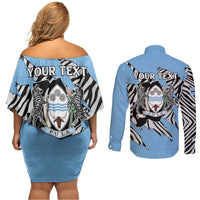 Personalized Botswana Couples Matching Off Shoulder Short Dress and Long Sleeve Button Shirt Coat Of Arms With Map - African and Zebra Patterns