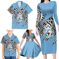 Personalized Botswana Family Matching Long Sleeve Bodycon Dress and Hawaiian Shirt Coat Of Arms With Map - African and Zebra Patterns
