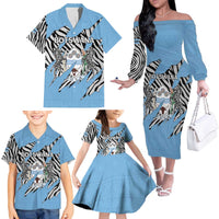 Personalized Botswana Family Matching Off The Shoulder Long Sleeve Dress and Hawaiian Shirt Coat Of Arms With Map - African and Zebra Patterns