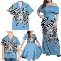 Personalized Botswana Family Matching Off Shoulder Maxi Dress and Hawaiian Shirt Coat Of Arms With Map - African and Zebra Patterns