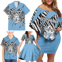 Personalized Botswana Family Matching Off Shoulder Short Dress and Hawaiian Shirt Coat Of Arms With Map - African and Zebra Patterns